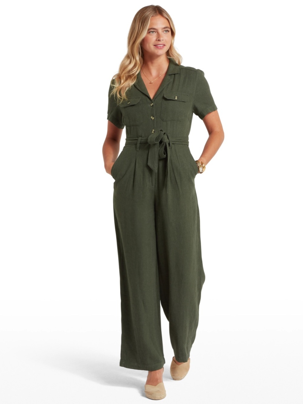 Green short sleeve jumpsuit with buttons and tie waist